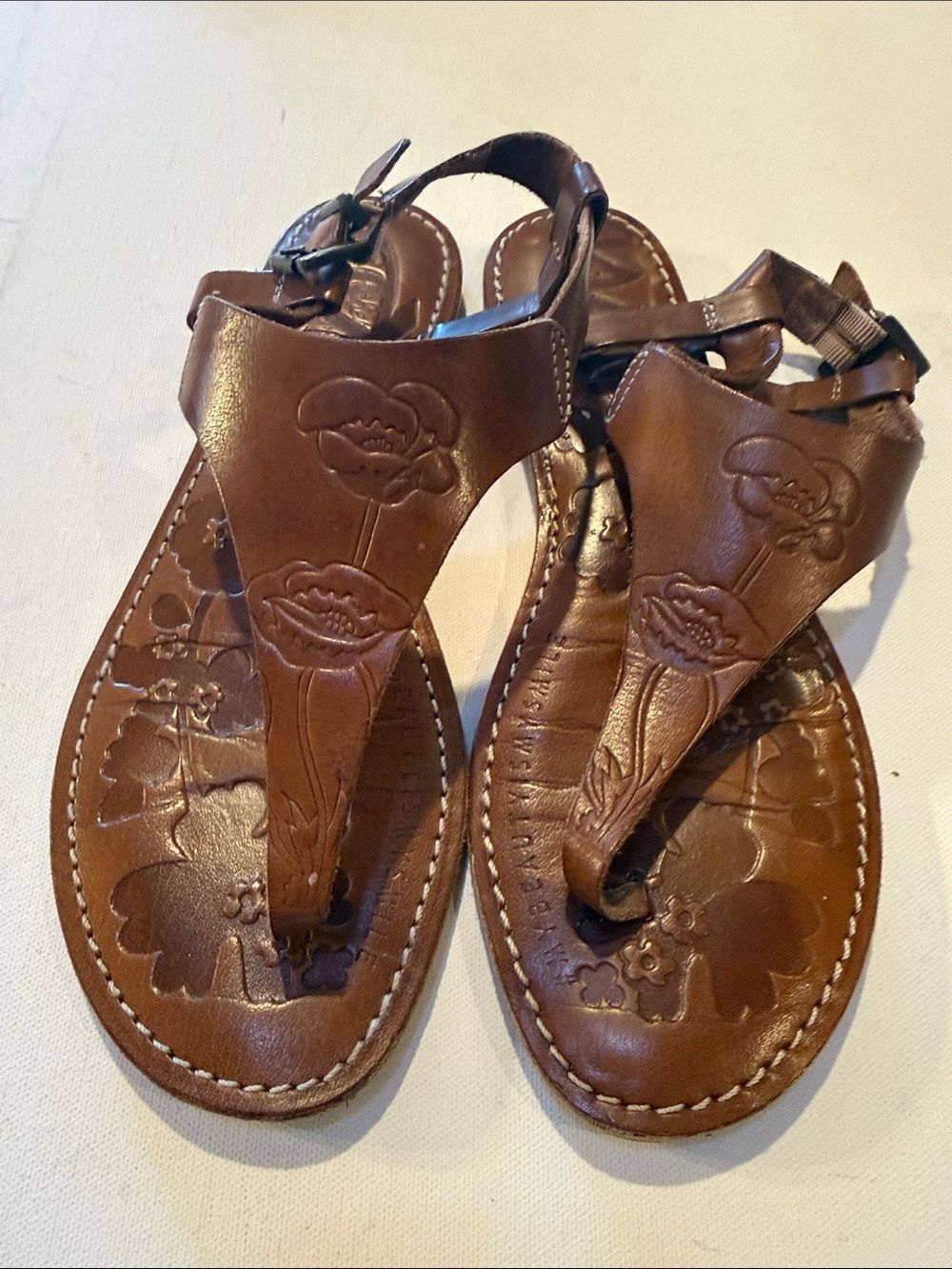 Seychelles Brown Floral Embossed Leather Thong Sandals
